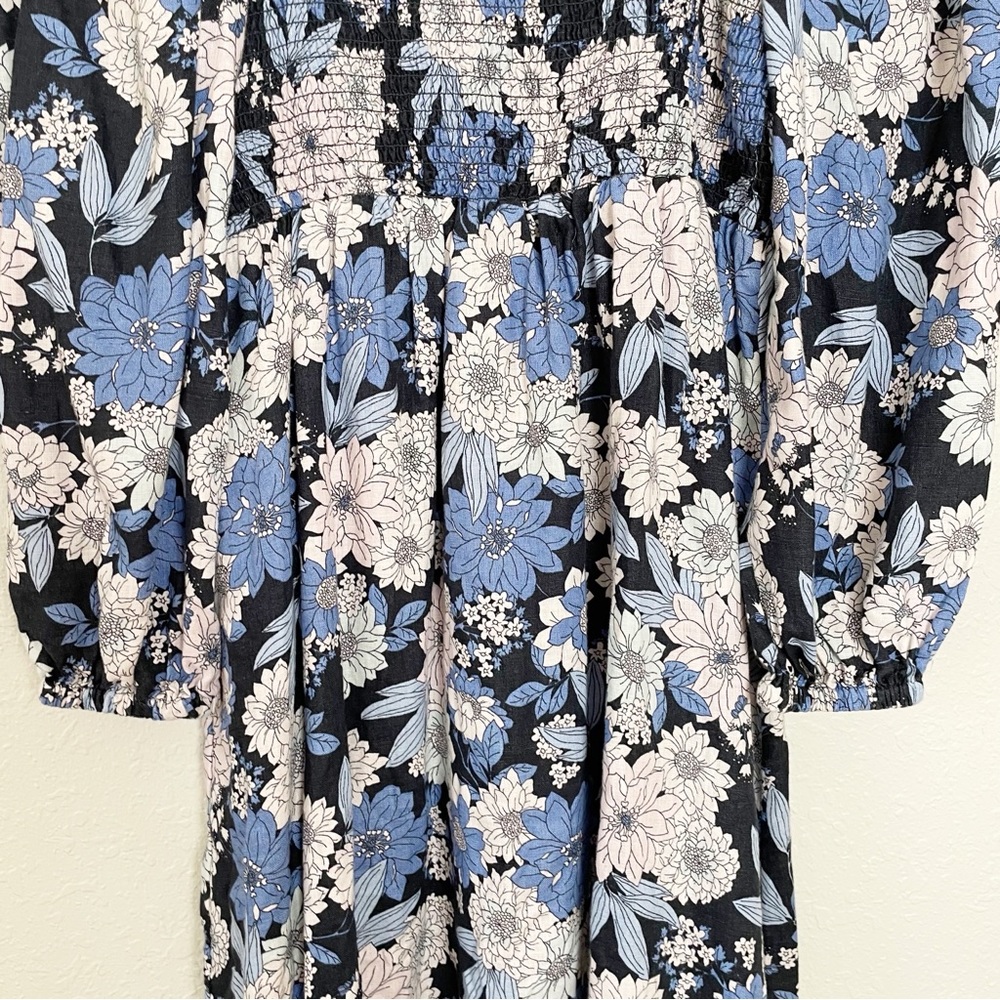 J Crew blue linen daydream zinnia floral smocked 3/4 sleeve dress L Tall - Picture 11 of 15